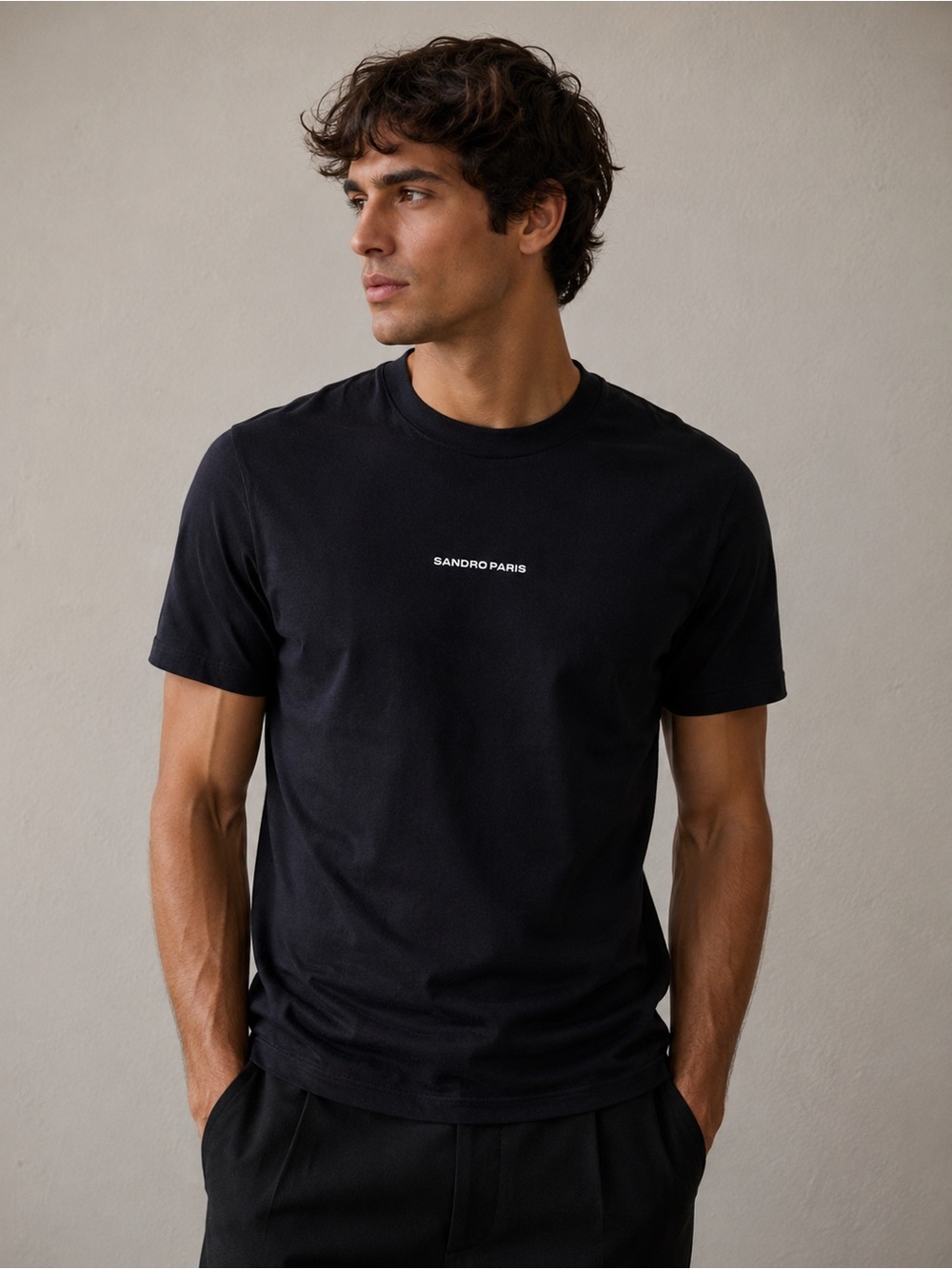 SANDRO Men's Size S Black Short Sleeve T-Shirt White letters Minimalist NWOT